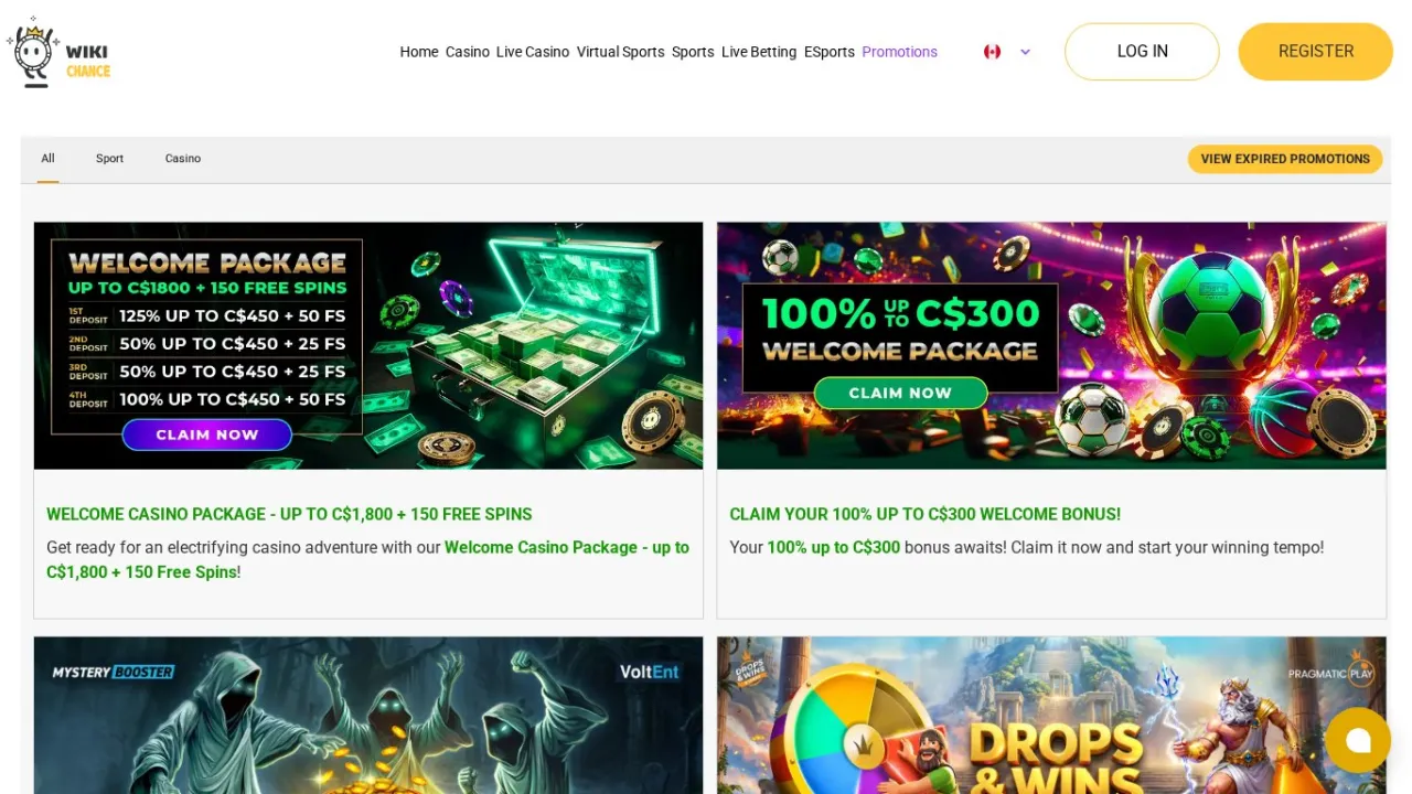 Wikichance promotions page showing filter tabs and welcome package banners with descriptions