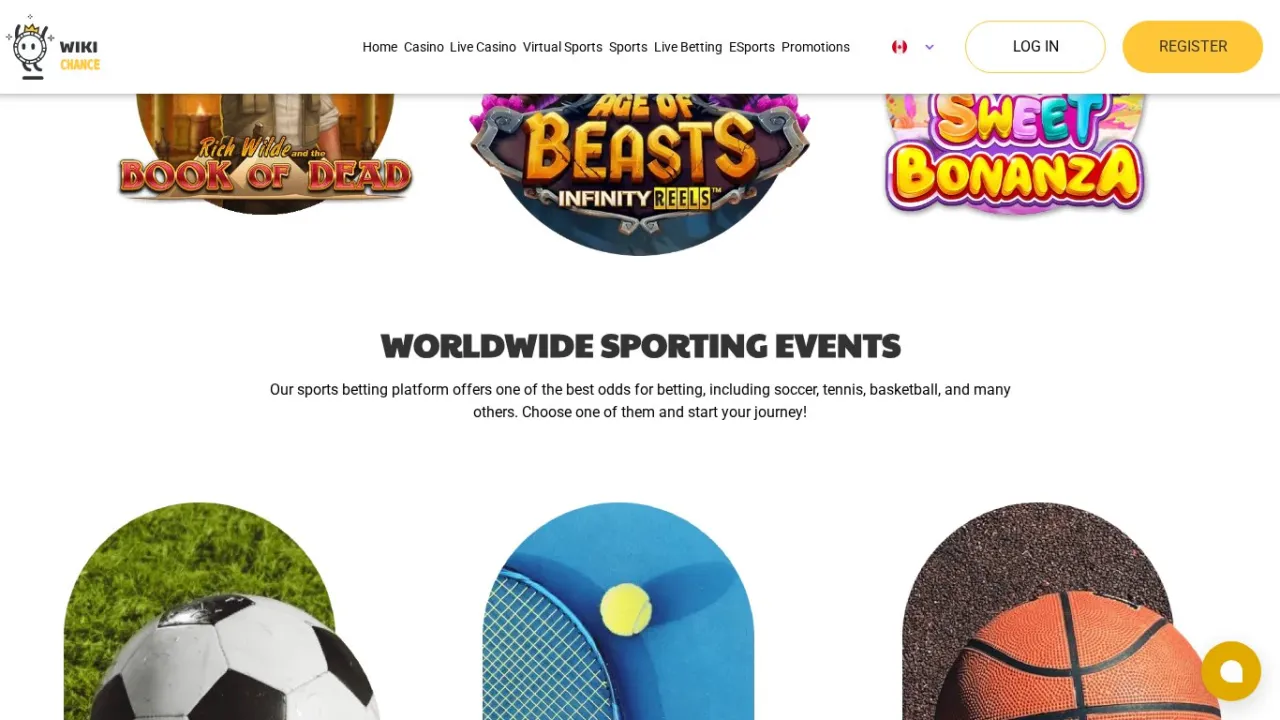 Wikichance desktop page showing slot game logos above soccer, tennis, basketball images