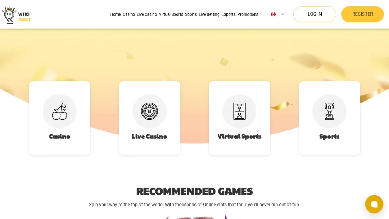 Wikichance desktop page showing Casino, Live Casino, Virtual Sports, Sports tiles