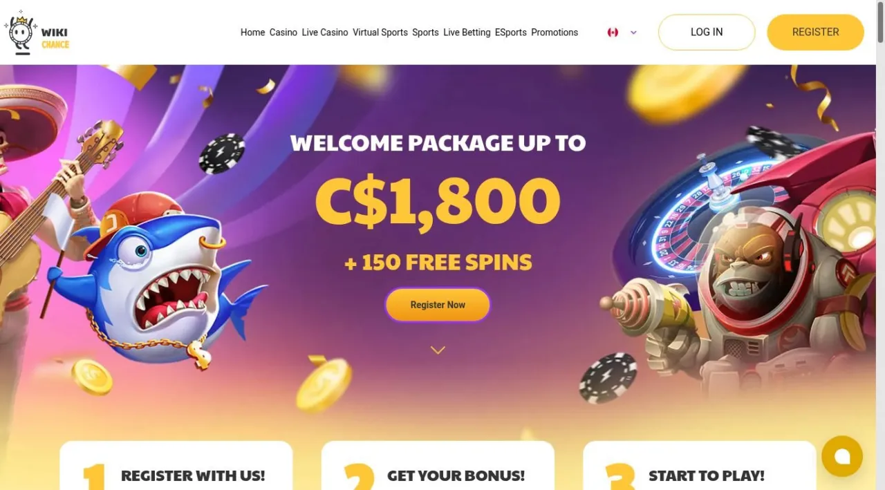 Wikichance homepage with cartoon shark, gorilla astronaut, roulette wheel, and navigation menu